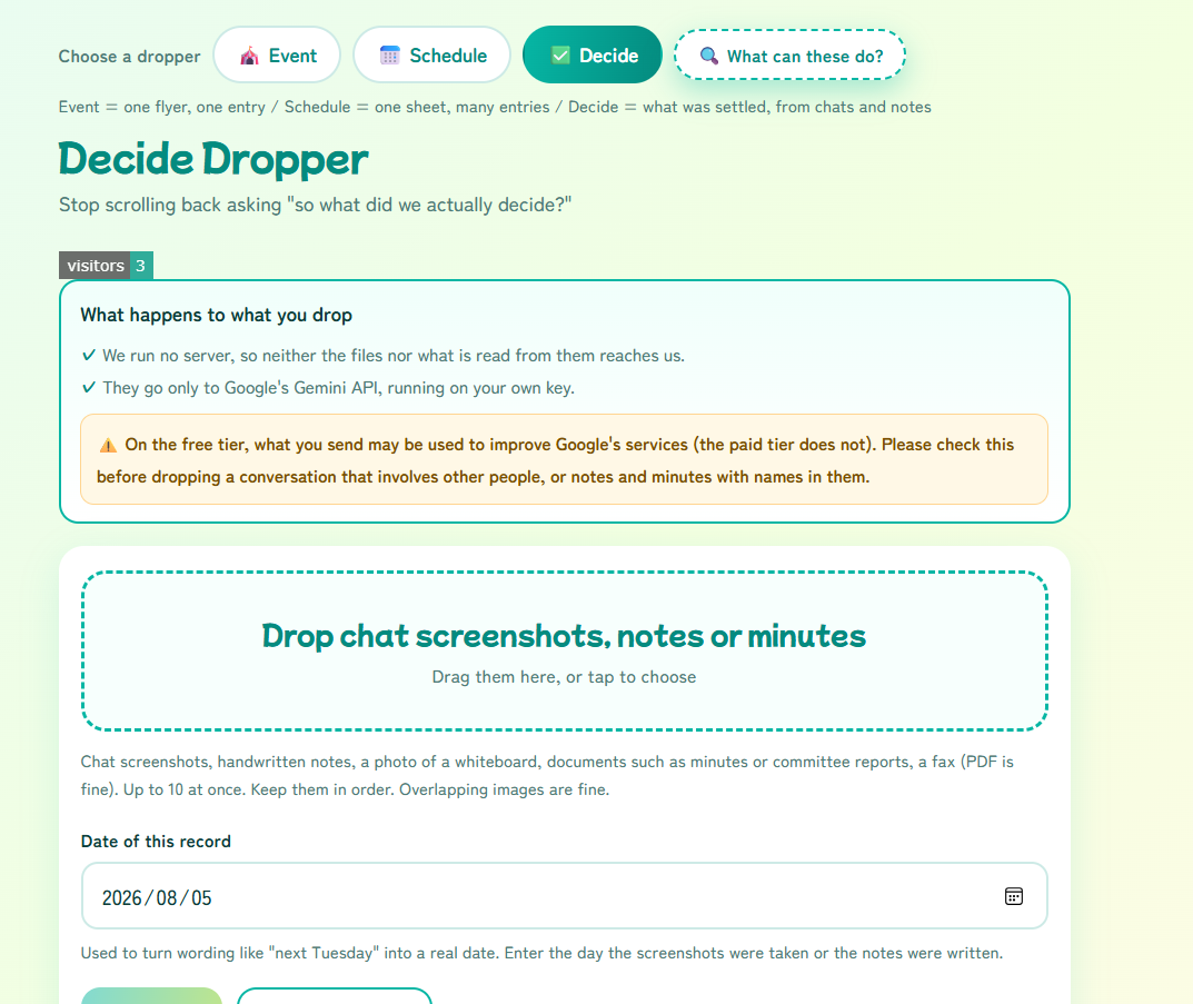 The Decide Dropper input screen, with the drop area and the “Date of this record” field