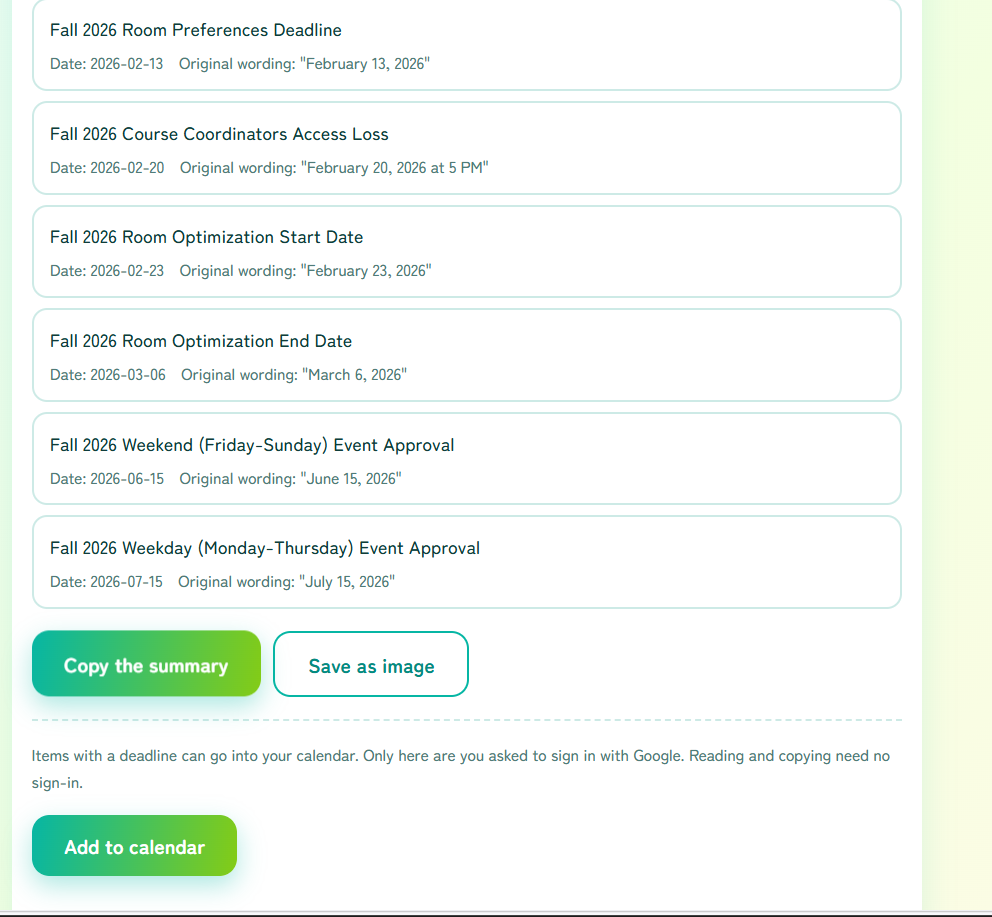 The “Copy the summary”, “Save as image” and “Add to calendar” buttons below the sorted result
