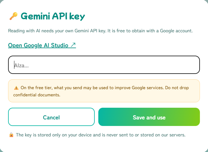 The Gemini API key settings dialog