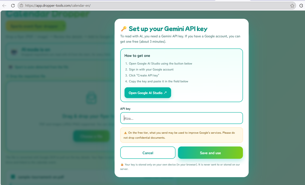 API key modal with setup steps and a button to open AI Studio