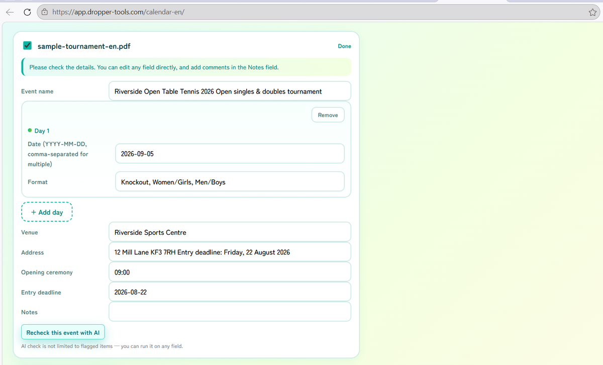 Result card jismein tournament name, date, venue aur events dikhte hain